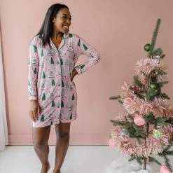 Pink Twinkling Trees Women's Bamboo Viscose Long Sleeve Sleep Shirt -Umweltfreundlicher Windel Geschäft 11471