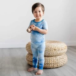 Blue Watercolor Two-Piece Bamboo Viscose Pajama Set Short Sleeve