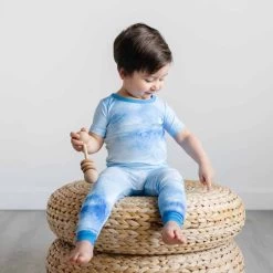 Blue Watercolor Two-Piece Bamboo Viscose Pajama Set Short Sleeve -Umweltfreundlicher Windel Geschäft 9166